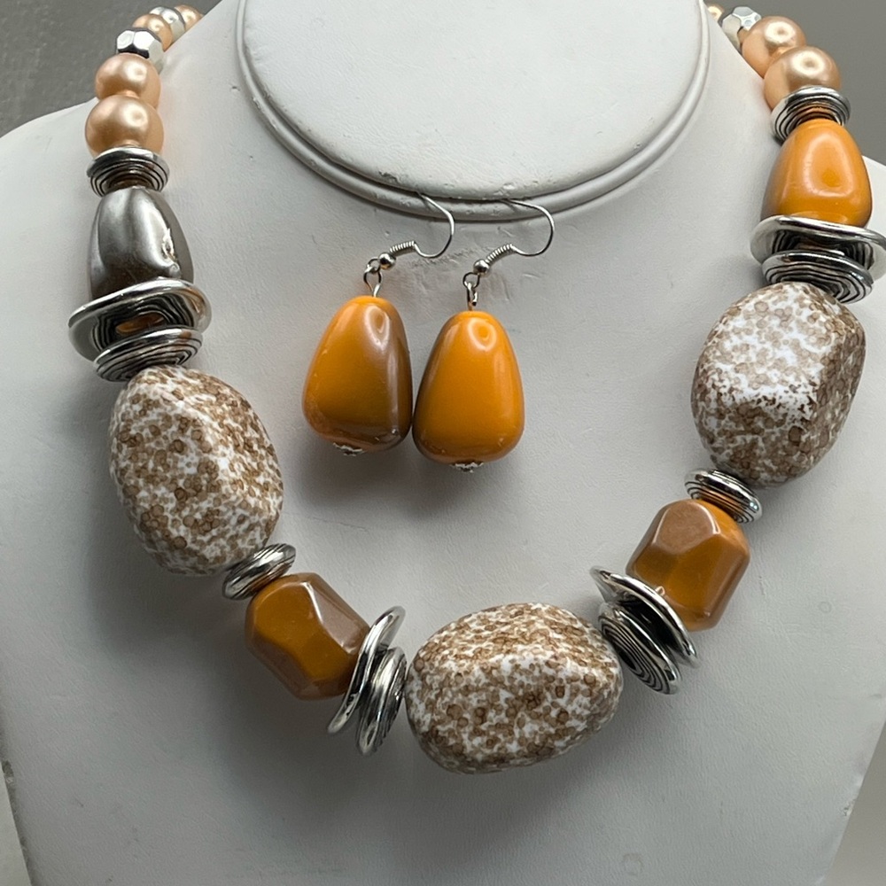 Elegant Silver and Orange Chunky Beaded Necklace and Earring Set